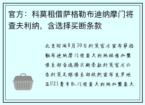 官方：科莫租借萨格勒布迪纳摩门将查夫利纳，含选择买断条款
